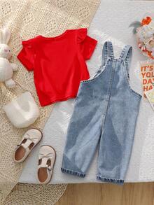 SHEIN Vintaside Kids Baby Girl Fashion Round Neck Short Sleeve Top And Casual Heart Print Bib Pants Overall Set - Red - View 2