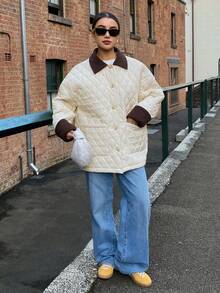 DAZY Women's Casual Contrast Color Patchwork Padded Coat Jacket Winter - Beige - View 7