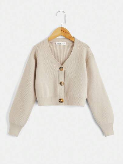 SHEIN Tween Girl Ribbed Knit Cardigan  Cropped Cardigan Girls Kids Sweaters For Girls Girls Ribbed Cardigan Tween Cardigan Scalloped Cardigan