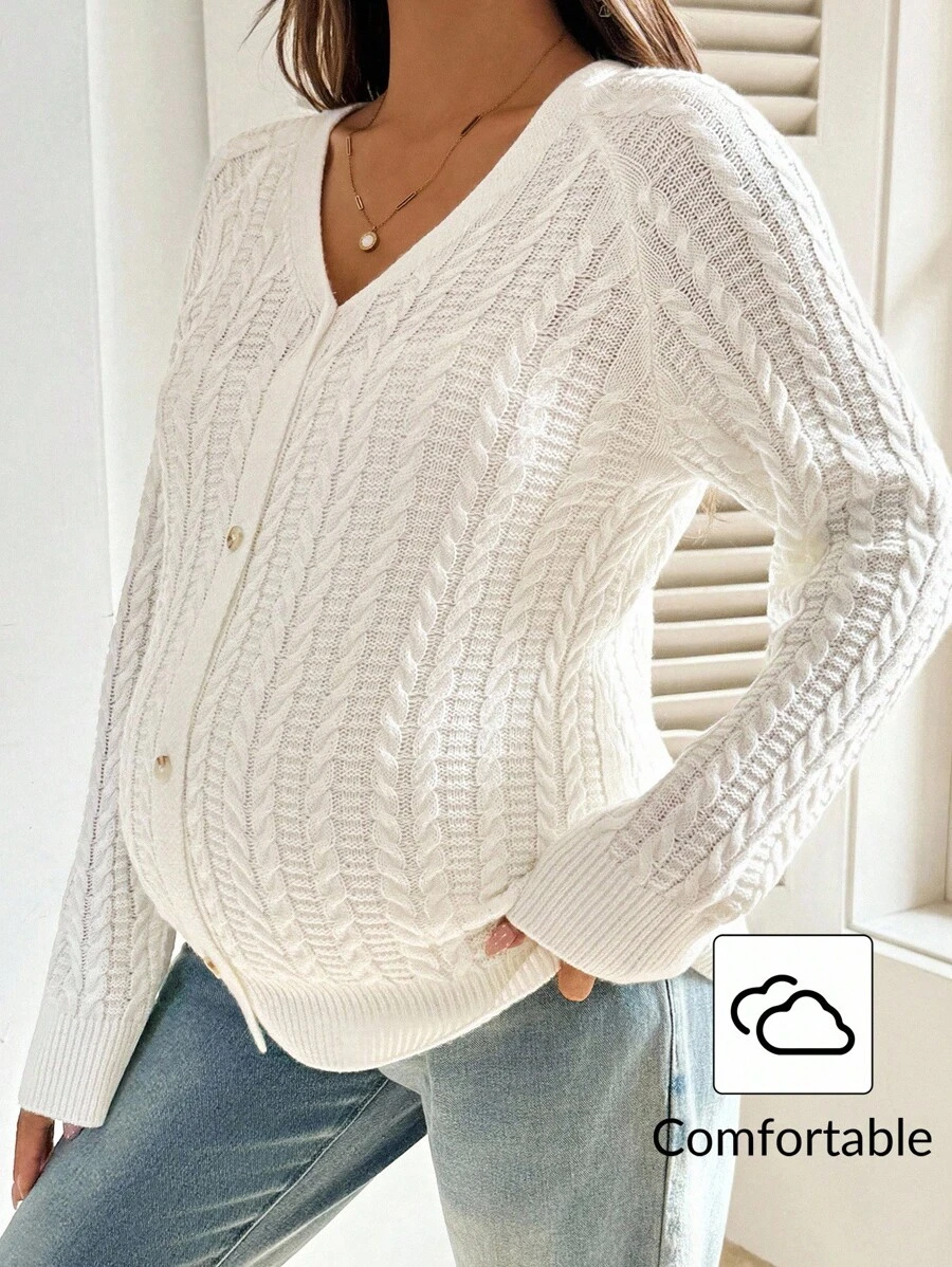 SHEIN Women's White Autumn Maternity Long Sleeve Cardigan,Smart Casual Solid Front Placket Twist Pattern Sweater For Baby Shower,Daily Fall Clothing - White - View 1