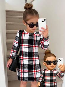 SHEIN Vestido de punto elástico a cuadros de manga larga para niñas, adecuado para uso diario casual, fiestas, vuelta al colegio, Halloween, Navidad, otoño/invierno - Blanco y Negro - Ver 4