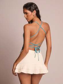 Zolique Women's Sexy Vacation Beaded & Embroidered Backless Halter Neck Tank Top, Summer - Teal Blue - View 2