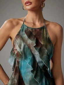 Hauture Women's Sexy Abstract Print Layered Ruffle Hem Maxi Halter Neck Dress For Vacation, Party - Multicolor - View 2