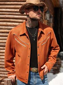 Manfinity Nomadique Men's Fashionable Retro Suede Jacket, Brown-Red Color Western Jacket , Fall - Rust Brown - View 3