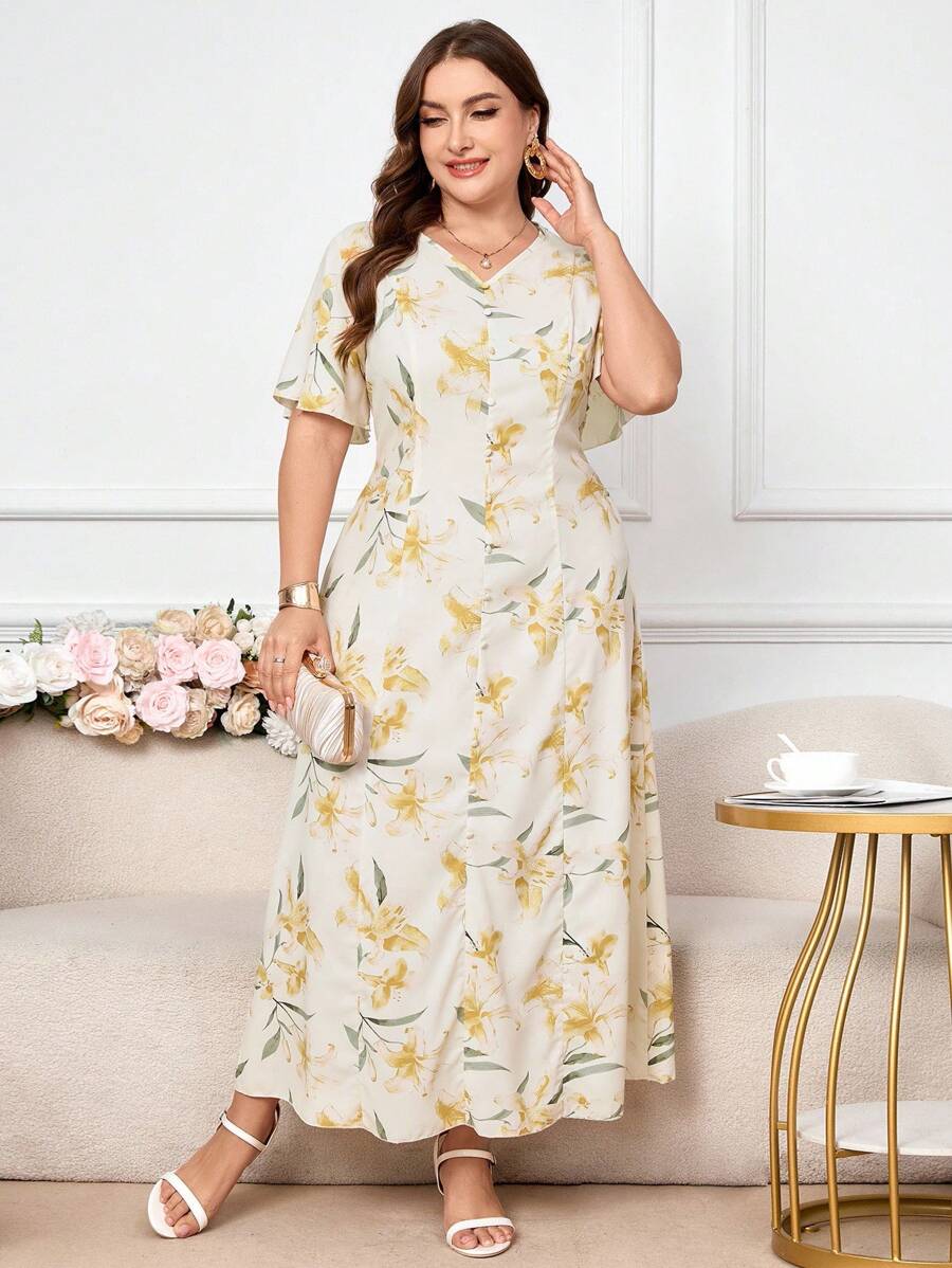 Modelyn Romantic Elegant Floral Print Dress - Yellow - View 1
