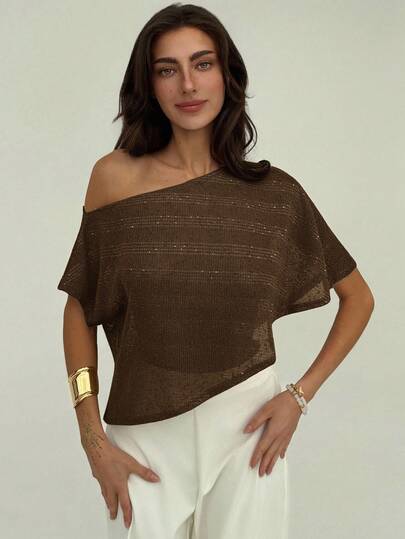 Aloruh Women's Oblique Shoulder Sheer Flowy Loose Solid Color Blouse, Fashionable Casual