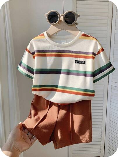 SHEIN 2pcs Baby Boy Cute Striped Short Sleeve Top And Elastic Waist Shorts Set, Summer