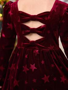SHEIN 女童星空印花蝴蝶结露背羊腿袖丝绒连衣裙，适合圣诞节、日常穿着、上学、休闲可爱、姐妹装、母女亲子装。 - 黑色 - 查看 3