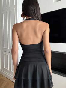 Ronhire New Design Spiral Gold Ornament Waist-Cinching Flared Skirt Mini Dress For Women - Black - View 5