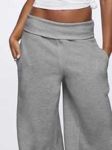 SUMWON WOMEN 宽腿休闲裤，带翻折腰带，柔软舒适，休闲日常穿着，秋冬服装 - 深灰色 - 查看 3