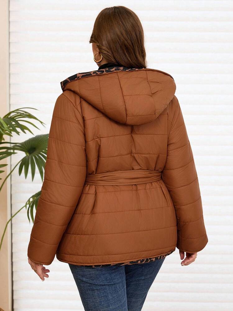 Plus Size Women's Reversible Leopard Print Long Sleeve Hooded Casual Winter Jacket Fall Clothes For Women Winter Clothes