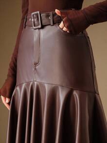 Anewsta Burgunderrote taillierte Lederrock mit ausgestelltem Saum für Damen, Herbst/Winter