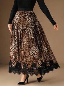 Anewsta 大码女式豹纹雪纺优雅蕾丝拼接高腰半身裙，适合教师返校穿着 - 彩色 - 查看 6