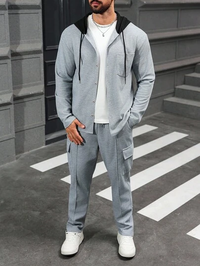 Manfinity CasualCool 男士撞色连帽夹克和工装裤套装 男士两件套服装套装 男士两件套服装 男士休闲套装 男士休闲套装 男士连帽衬衫和裤子套装，秋季服装