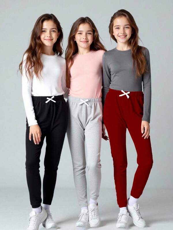 3件套女童休闲纯色百搭白色蝴蝶结装饰打底裤套装