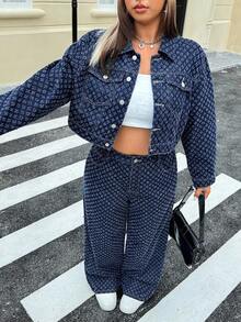 SHEIN ICON Quần ống đứng denim móc len cỡ lớn cho nữ - Rửa tối - Xem 10