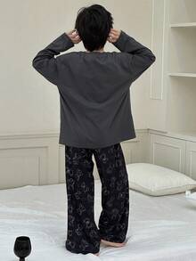 DAZY 2pcs Kids Fall Outfit, Toddler Boys' Round Neck Allover Print Long Sleeve Knit T-Shirt + All-Over Print Pants Pajama Set, Autumn