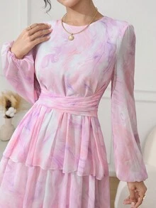 Veilorie Women's Baby Pink Tie Dye Chiffon Maxi Dress Round Neck Puff Long Sleeve A Line Party Gown Arabian Style - Baby Pink - View 4