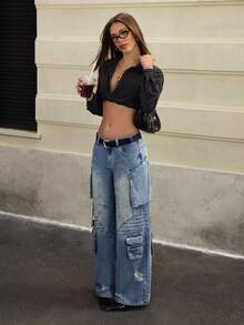 Jeanoix Women Fashion Casual Street Vintage Y2K Jeans - Dark Wash - View 4