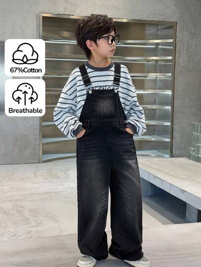 SHEIN 青少年男孩时尚休闲Y2K复古酷炫黑色牛仔宽松背带裤，适合儿童日常穿着，柔软舒适，也适合儿童秋冬季参加锐舞派对、节日活动以及居家穿着，兼具街头潮流和校园风格。