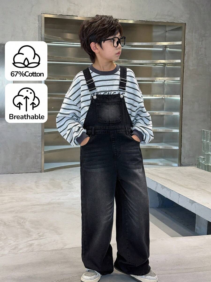 SHEIN 青少年男孩时尚休闲Y2K复古酷炫黑色牛仔宽松背带裤，适合儿童日常穿着，柔软舒适，也适合儿童秋冬季参加锐舞派对、节日活动以及居家穿着，兼具街头潮流和校园风格。