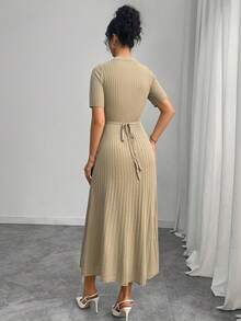 Modelyn Women's Casual Solid Color Ribbed Tie-Up Knit Dress - Khaki - View 2