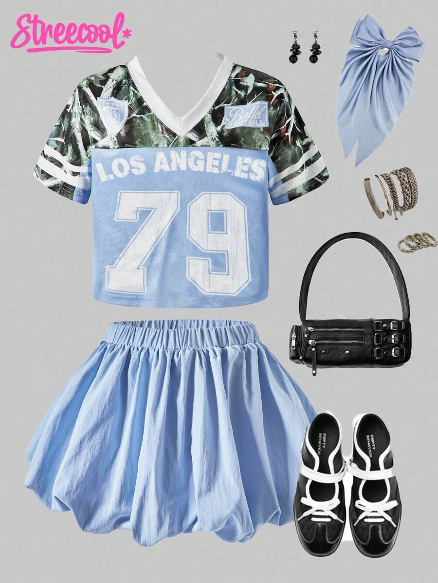 SHEIN Explorewe Tween Mädchen Sommer Street Fashion Camouflage Muster T-Shirt kombiniert mit Peplum Kürbis Rock 2 Stücke Set, geeignet für stilvolle Party-Outfits, Konzert-Outfits - Blau - Übersicht 1