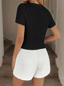 刺绣短袖圆领白色女式毛衣 - 黑色 - 查看 5