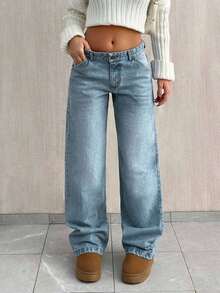 SHEIN Tall 高腰休闲宽松直筒牛仔裤 - 淺色水洗藍 - 查看 4