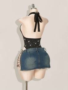 SHEIN ICON Rhinestone Embellished Deep V-Neck Halter High Slit Backless Bodysuit For Women - Black - View 10