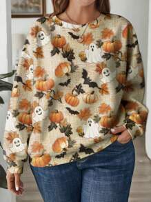 EMERY ROSE Halloween Casual Minimalist Pumpkin & Ghost Allover Print Plus Size Women Crew Neck Off Shoulder Loose Sweatshirt, Autumn/Winter, Halloween Costume Fall - Multicolor - View 7