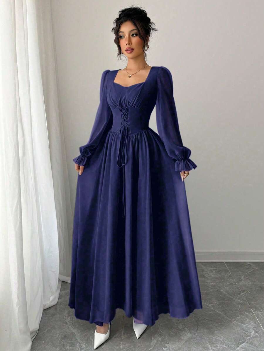 Modelyn Plus Size Solid Color Square Neck Fashion Tie-Waist Pleated Dress - Navy Blue - View 1