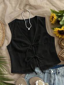 Soleia 女士度假白色编织纹理前开领带结休闲吊带背心，可作为分层穿着 - 黑色 - 查看 1