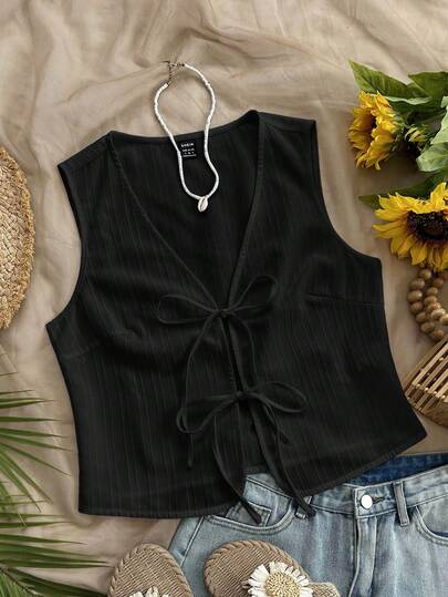 Soleia Women's Vacation White Woven Textured Open Front Tie Knot Casual Camisole, Can Be Worn As Layering