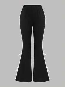 SHEIN Girlism Tween 女童春季黑色蝴蝶结装饰条纹喇叭裤，返校季，居家休闲运动，蝴蝶结装饰甜美运动喇叭裤