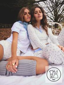 Aralina Sleepwear Fall Winter Cute Waffle Textured Fabric Printed Ditzy Floral With Contrast Gingham Check Button Placket Long Sleep Top And Straight Leg Pant With Contrast Gingham Check Waistnband And Tie Two Piece Sleep Set - Multicolor - View 1