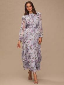 Enchnt 秋冬浪漫女式优雅多色休闲度假花卉印花荷叶边袖子分层荷叶边饰边收腰长裙，甜美优雅，适合度假、约会、假日和海滩，优雅派对连衣裙，女士秋季连衣裙，秋季服装，波西米亚服装 - 彩色 - 查看 6