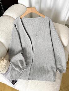 SHEIN 少女纯色V领休闲百搭长袖针织开衫