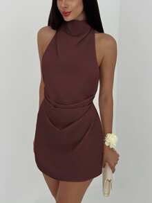 Aloruh Váy mini xếp ly hở lưng tối giản màu mơ dành cho nữ - Cà phê - Xem 5