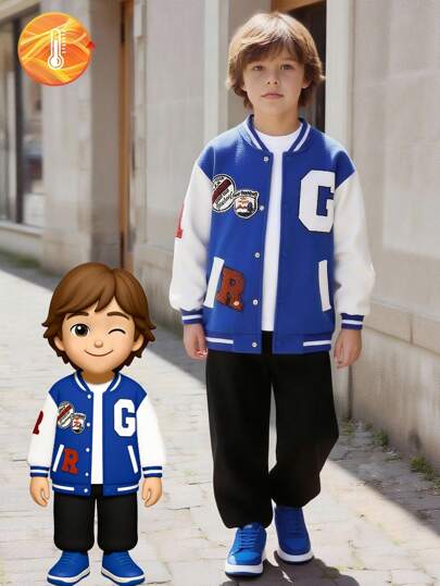 Chaqueta de béisbol con paneles de patrón de letras azul para niños pequeños, temporada de otoño/invierno 2025 Regreso a la escuela Conjuntos universitarios y ropa deportiva para campus de niños