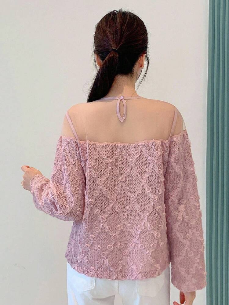 Women's Elegant Commuter Mesh Patchwork Jacquard Fabric Round Neck Blouse Long Sleeve Top Off The Shoulder