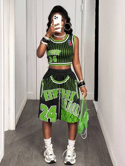 BamGleam Women's Casual Fashionable Street Sporty Numeric & Letter Striped Print Cropped Tank Top And Wide Leg Shorts Basketball Suit, Summer
