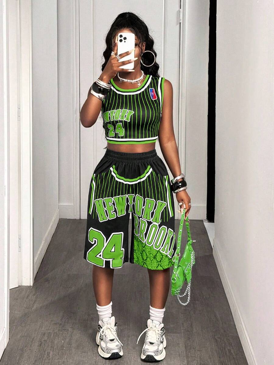 BamGleam 女士休闲时尚街头运动数字和字母条纹印花短款背心和阔腿短裤篮球套装，夏季 - 綠色 - 查看 1