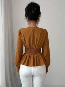 Elenzga 新款女式圆领长袖梭织面料后腰抽绳设计休闲百搭收腰修身优雅衬衫，春秋季女式上衣 - 棕色 - 查看 2