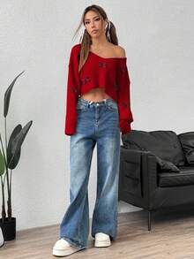 EURMUSE Maglione corto casual con scollo a V, decorato con fiocco - Rosso - Visualizzare 4