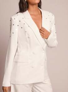 Glamine Modna damska cienka marynarka do pracy z cekinami, biała marynarka z ozdobnymi zdobieniami, biała marynarka z ćwiekami, damska biała marynarka z jesiennej tkaniny - Biały - Zobacz 5