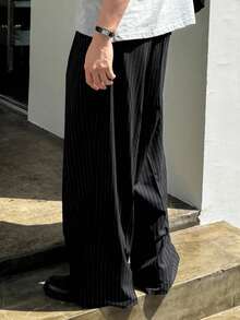 DAZY 男士条纹黑色西装裤，适合全年通勤及秋季商务着装 - 黑色 - 查看 2