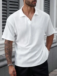 Manfinity CasualCool Plus Size Men's Solid Color White Casual Versatile Short Sleeve Polo Shirt, Summer