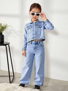 2 件套年轻女孩牛仔套装 - 时尚水洗牛仔蓝色夹克和休闲直筒牛仔裤，适合日常、休闲和学校穿着