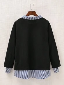 SHEIN EZwear 大码女式黑色条纹拼布翻领长袖休闲宽松运动衫 - 彩色 - 查看 2